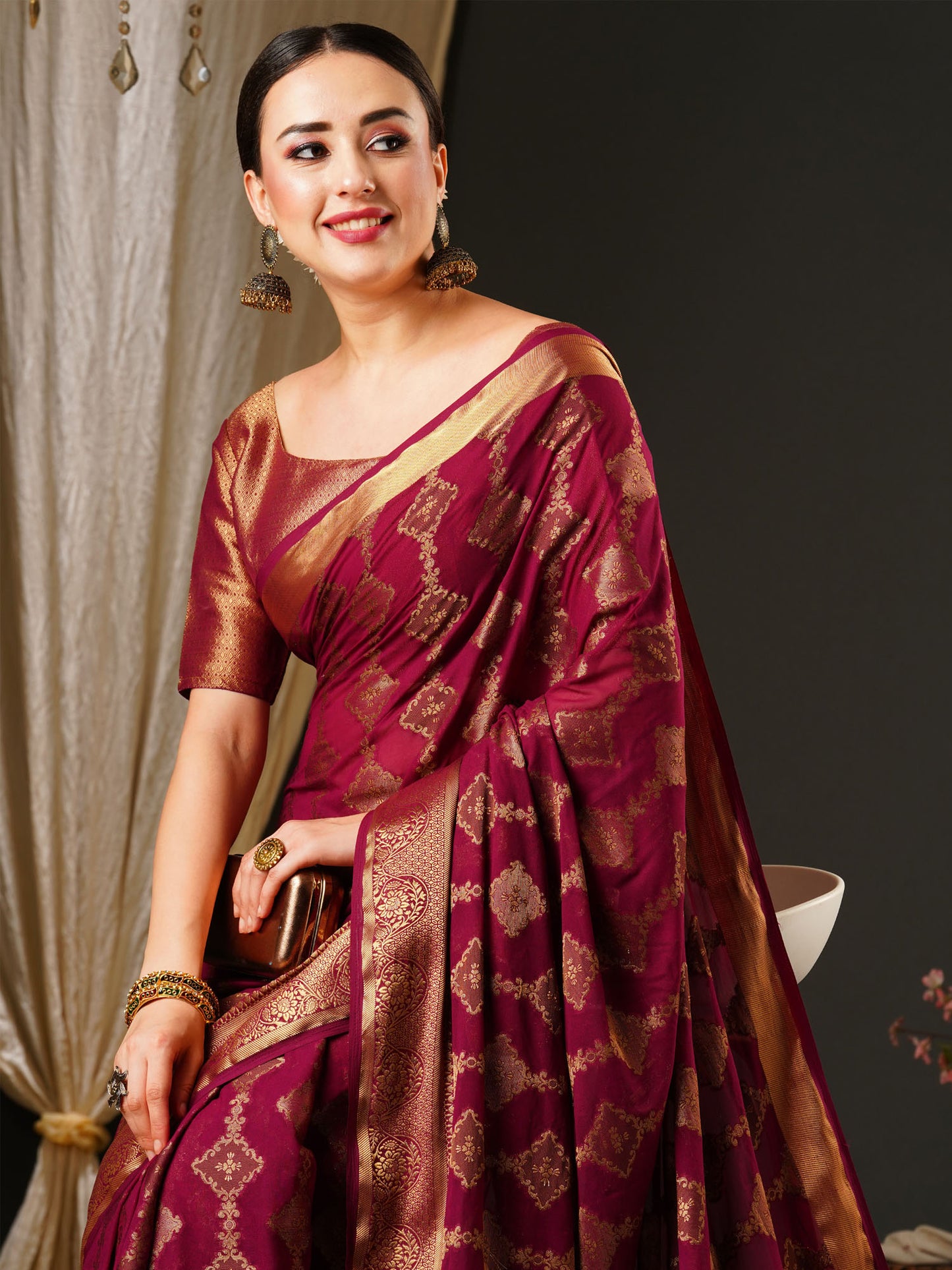 Women's Georgette Purple Woven Design Celebrity Saree With Blouse Piece