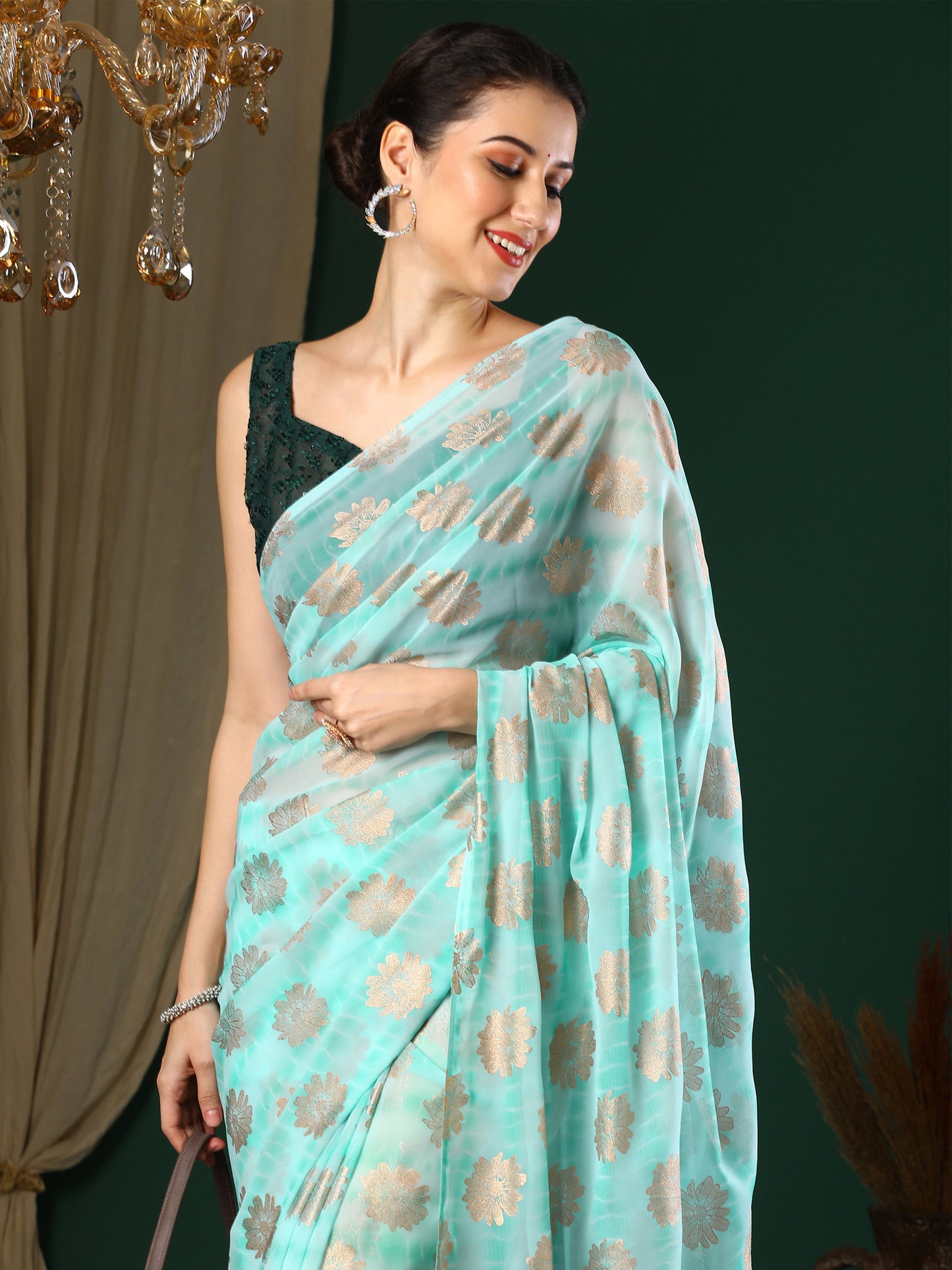 Women's Georgette Light Blue Printed Designer Saree With Blouse Piece