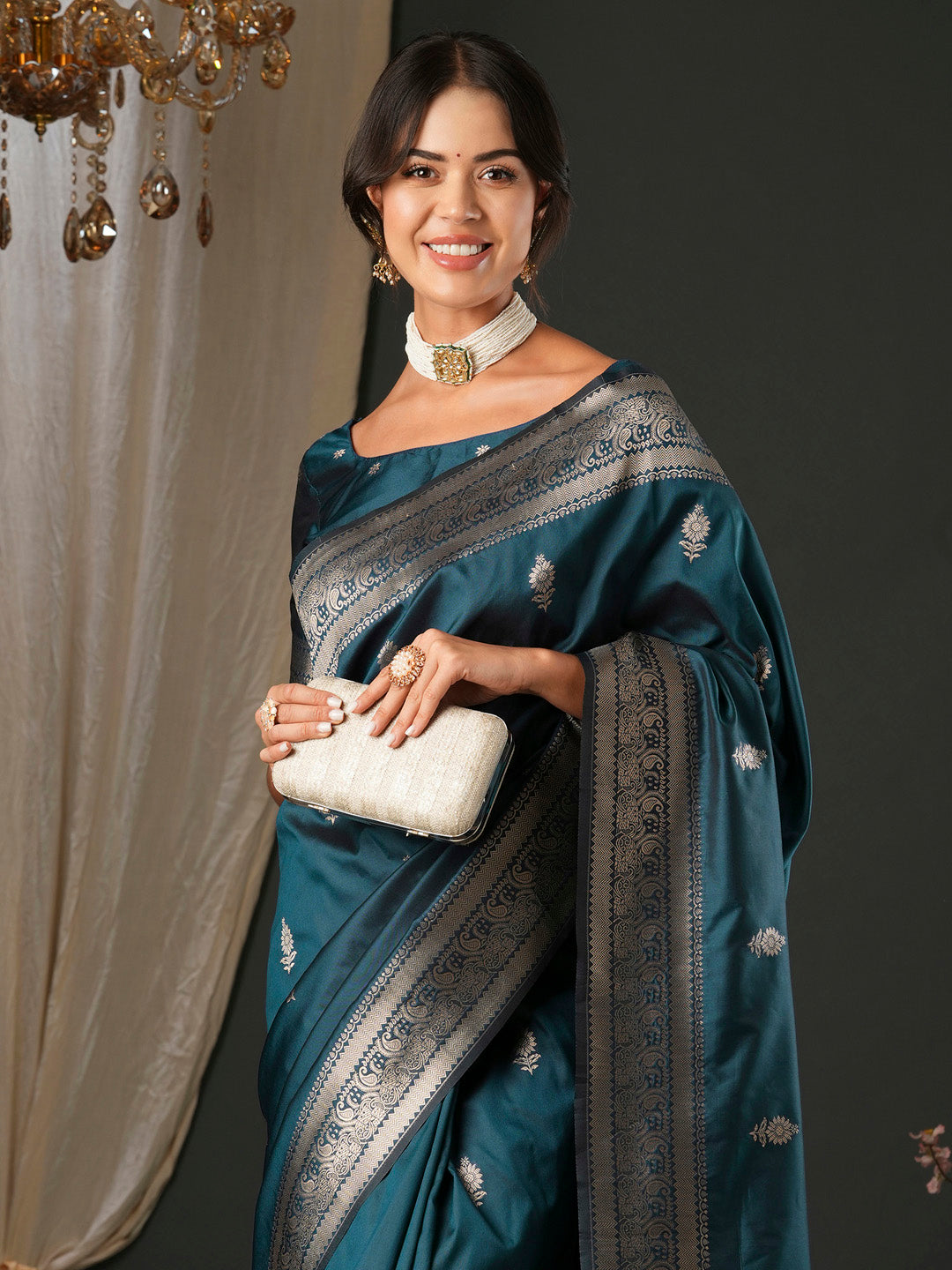 Women's Silk Blend Teal blue Woven Design Designer Saree With Blouse Piece
