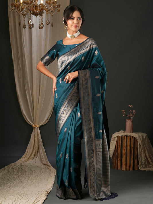 Women's Silk Blend Teal blue Woven Design Designer Saree With Blouse Piece