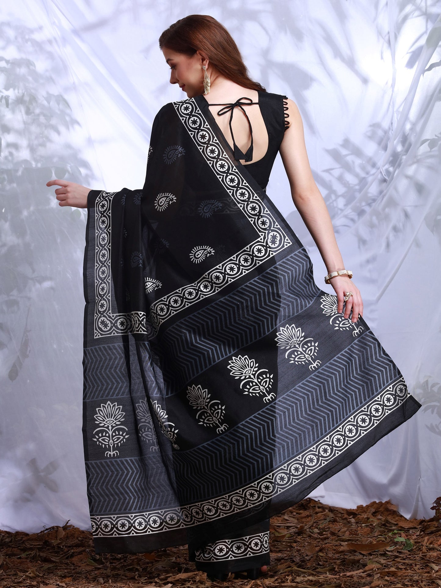 Women's Bhagalpuri Silk Black Printed Designer Saree With Blouse Piece