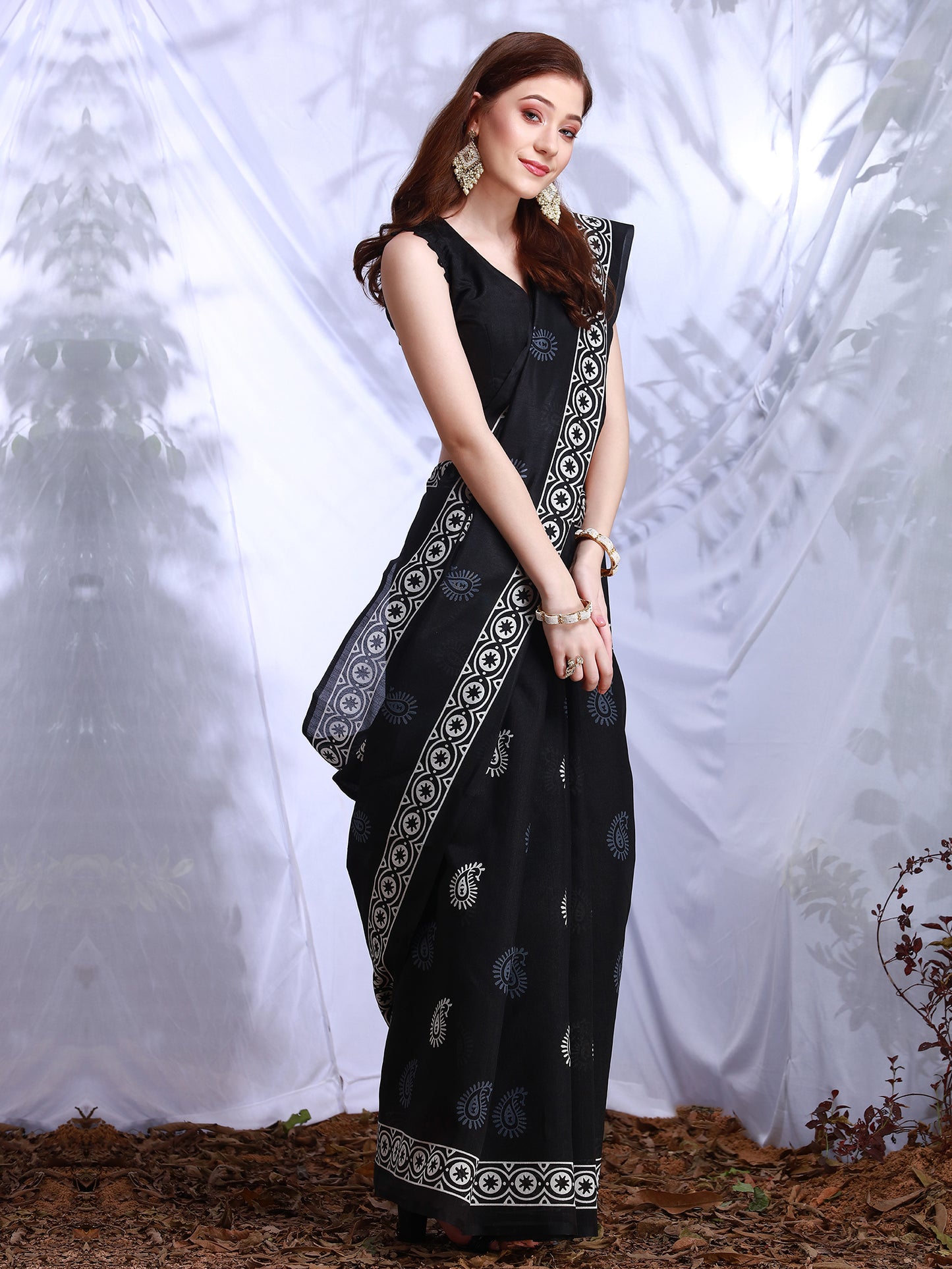 Women's Bhagalpuri Silk Black Printed Designer Saree With Blouse Piece