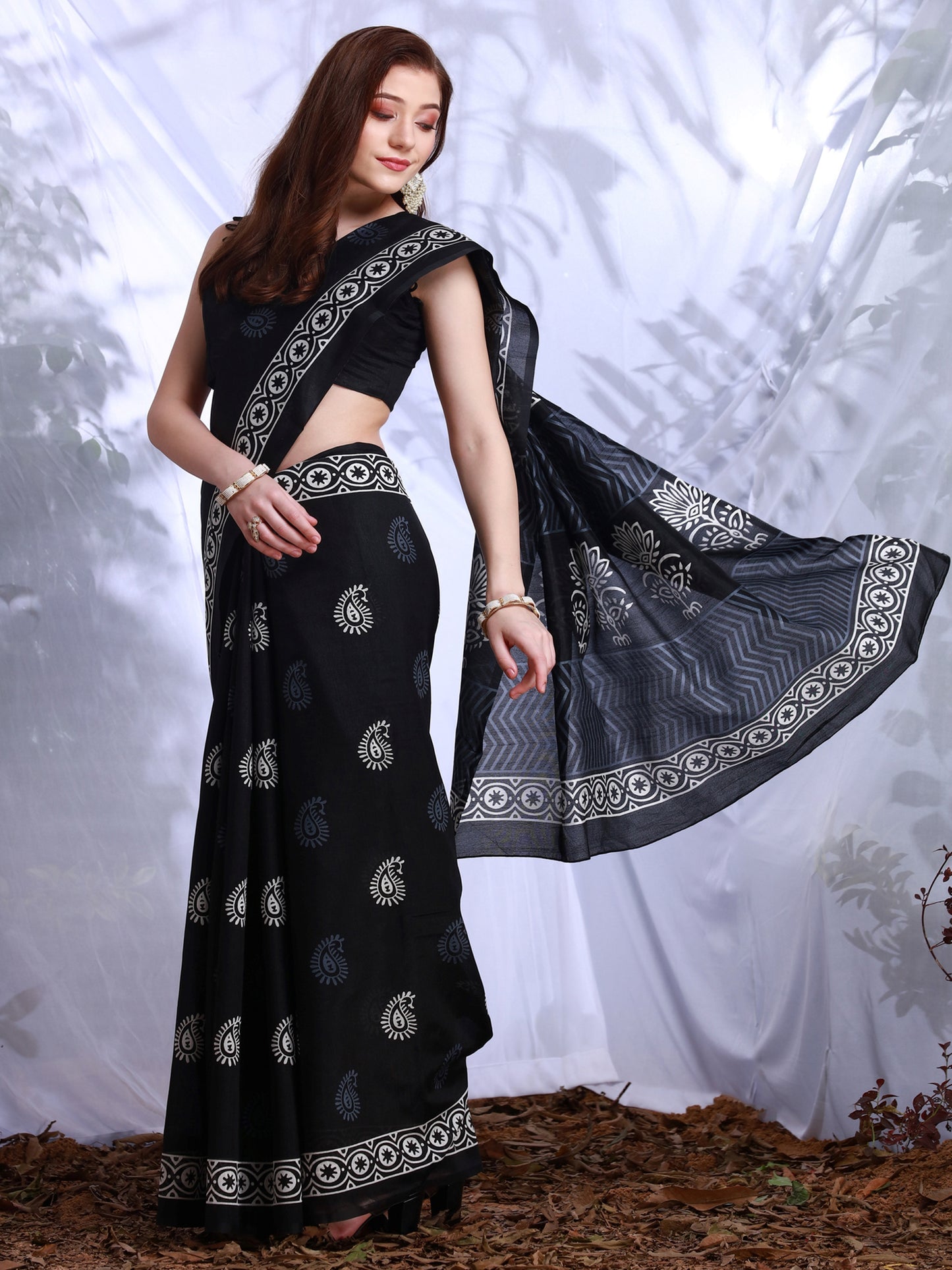 Women's Bhagalpuri Silk Black Printed Designer Saree With Blouse Piece