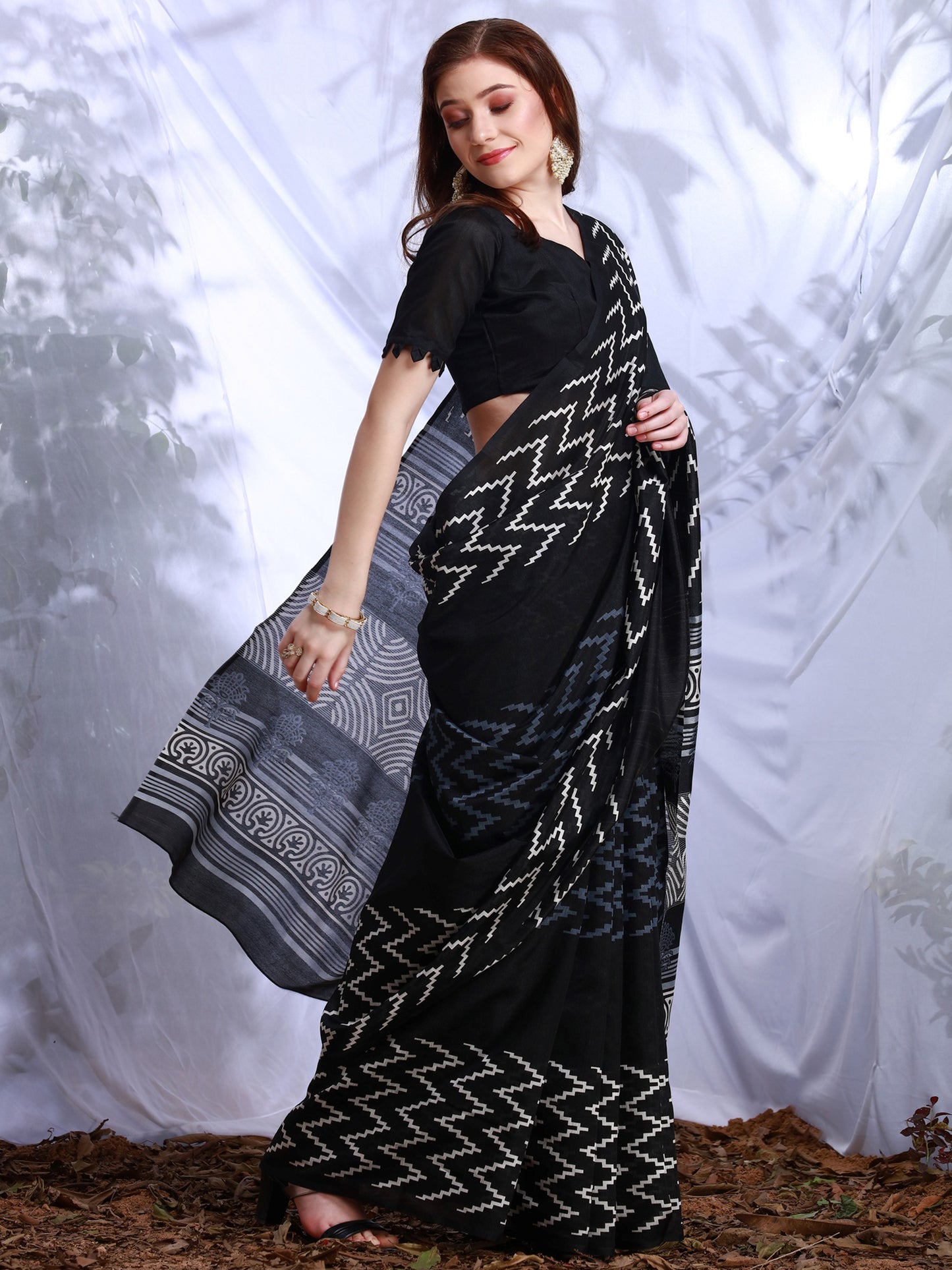 Women's Bhagalpuri Silk Black Printed Designer Saree With Blouse Piece