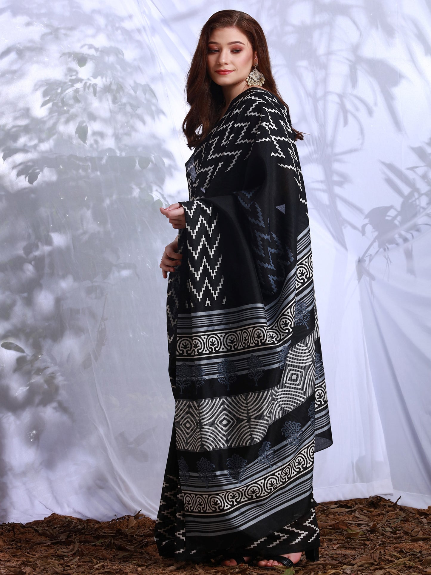 Women's Bhagalpuri Silk Black Printed Designer Saree With Blouse Piece