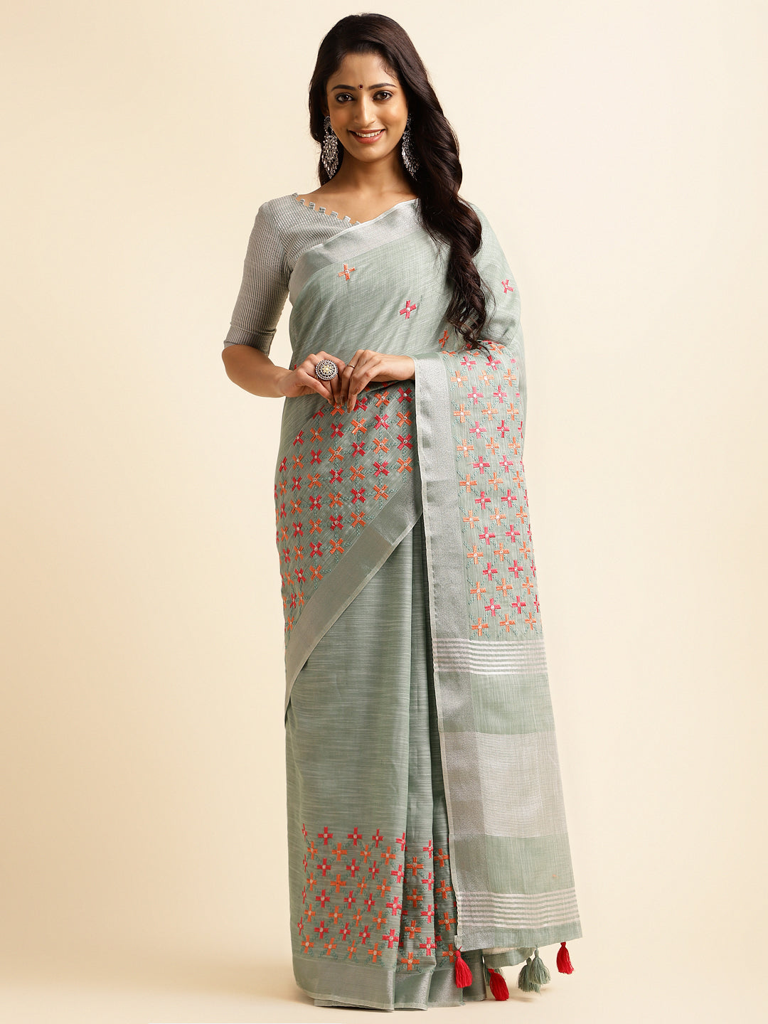 Dhiyona GR Women's CT Sea Green Cotton Linen Silk Embroidered Saree