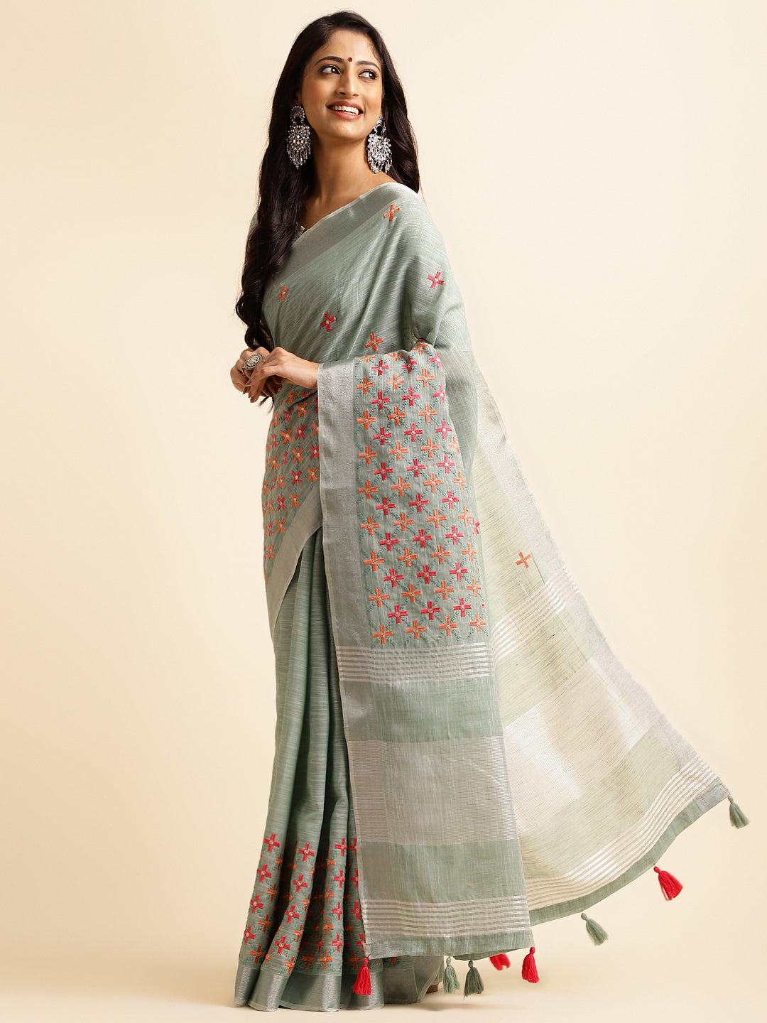 Dhiyona GR Women's CT Sea Green Cotton Linen Silk Embroidered Saree