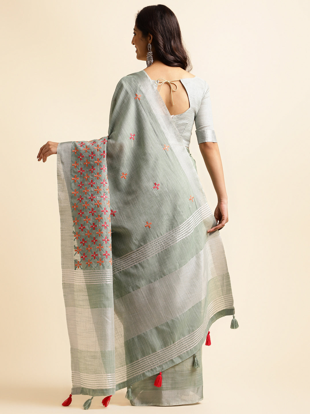 Dhiyona GR Women's CT Sea Green Cotton Linen Silk Embroidered Saree