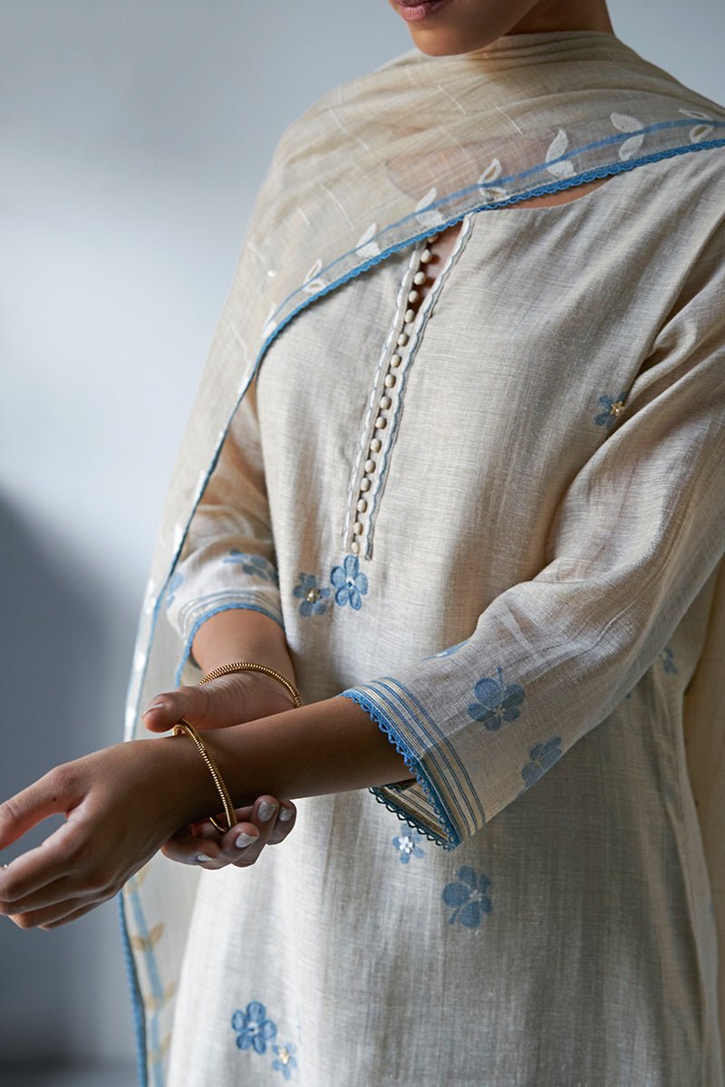 Women's Beige Woven Viscose Chanderi Kurta Suit Set With Delicate Hand Work Detailing