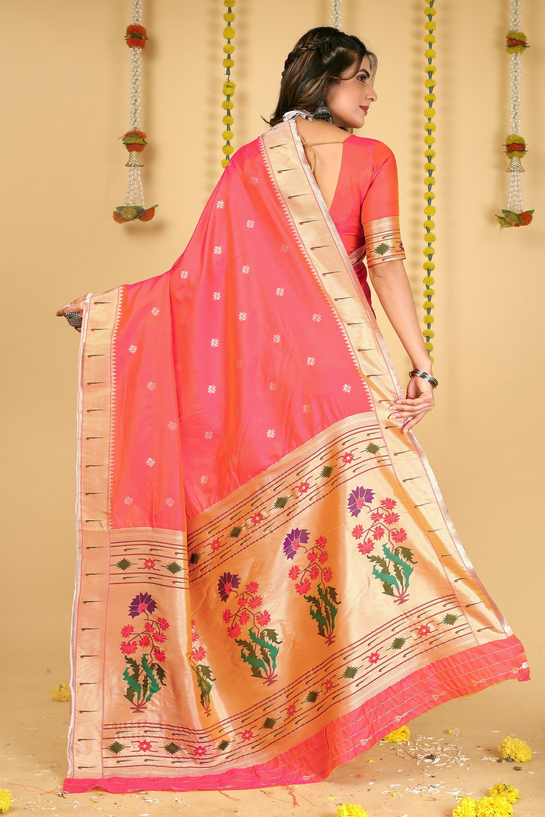 Dhiyona GR Women's Mastani 2 Peachy Pink Zari Paithani Silk Saree