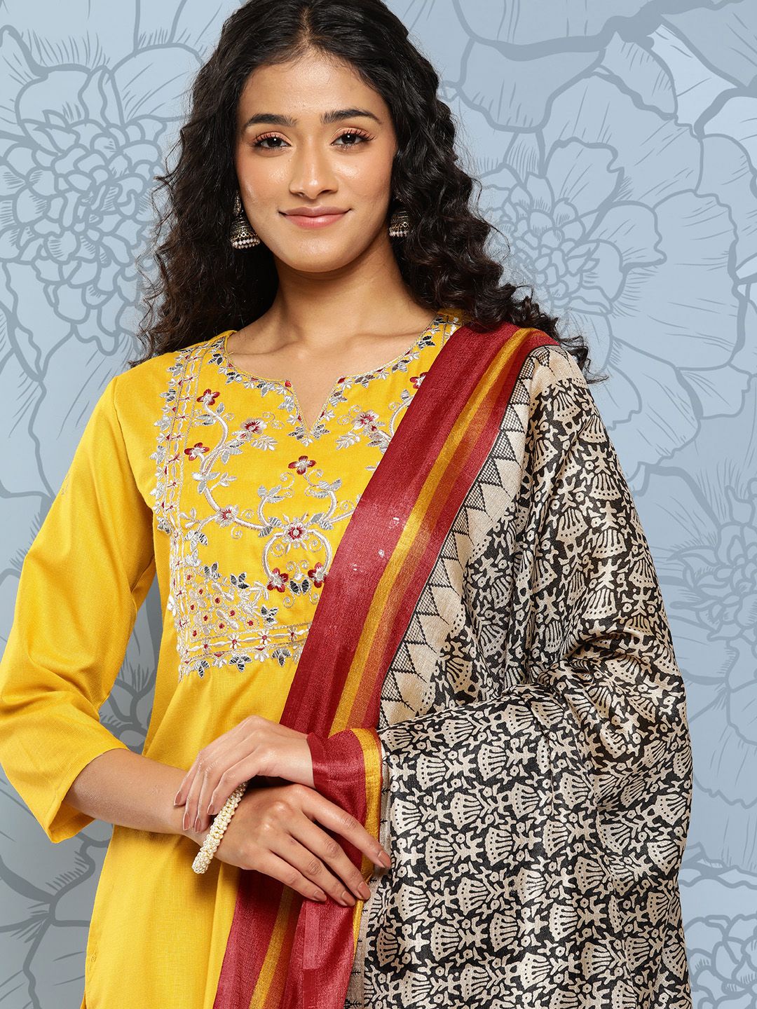 Dhiyona VA Women's Floral Embroidered Regular Gotta Patti Kurta with Trousers & With Dupatta