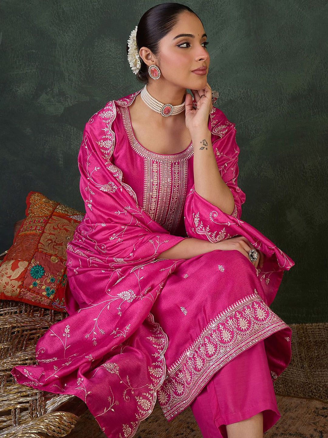 Women Ethnic Motifs Embroidered Kurta with Trousers & Dupatta