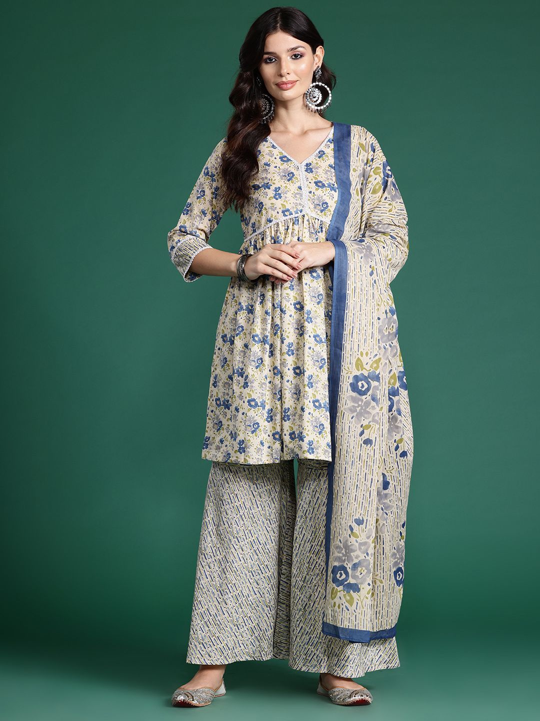 Dhiyona IE Floral Printed Empire Pure Cotton Kurta with Sharara & With Dupatta