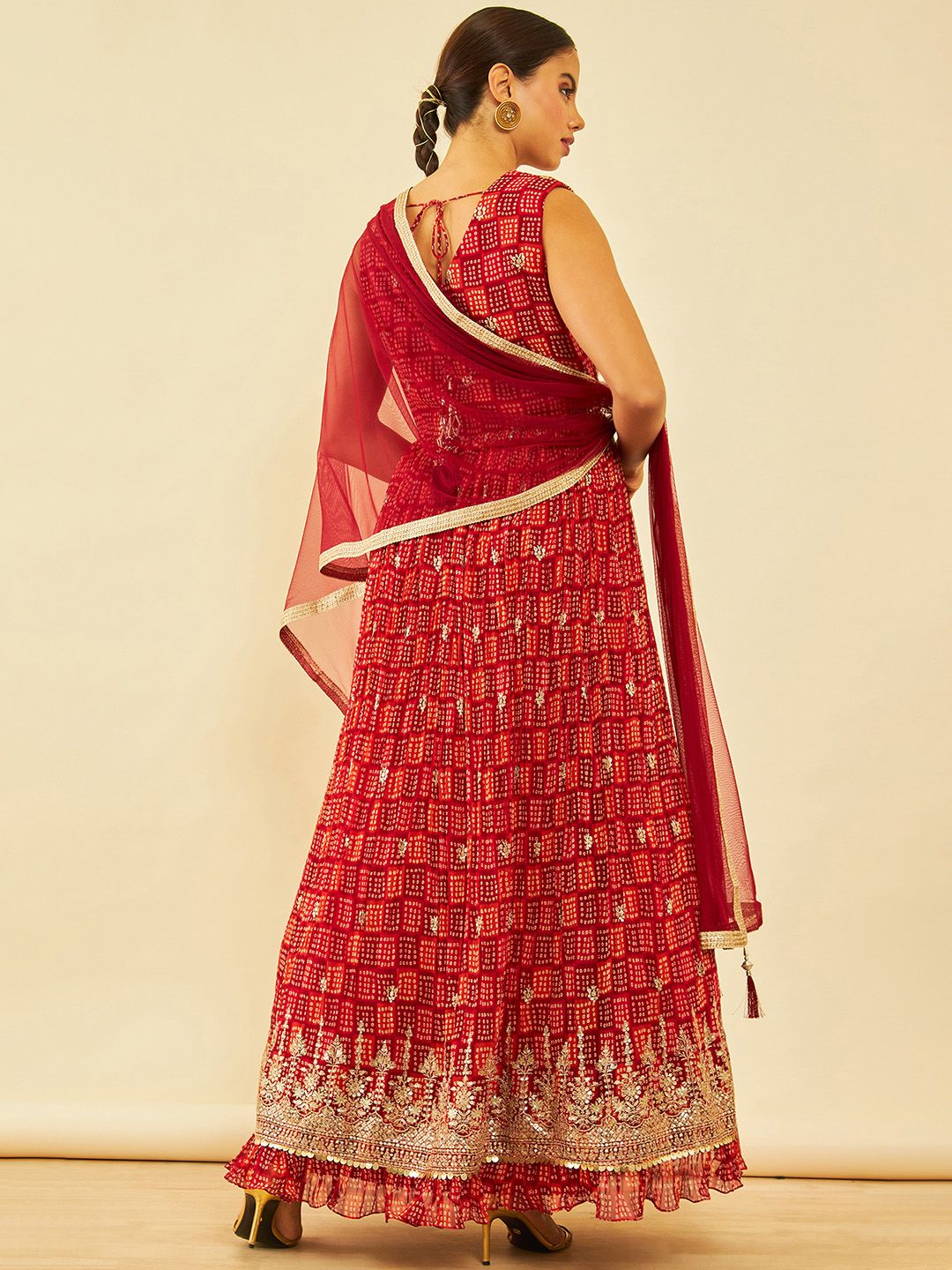 Dhiyona SO Women's Maroon Bandhani Printed Thread Work Georgette Anarkali Kurta & Churidar With dupatta