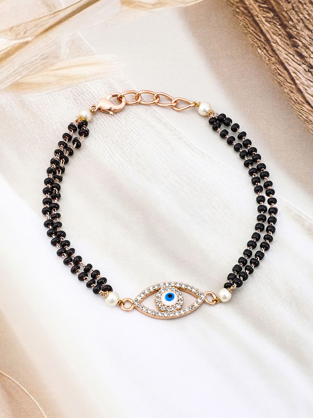 Dhiyona RJ Women's 18K Rose Gold-Plated Evil Eye Mangalsutra Bracelet with CubicZirconia & Black Beads