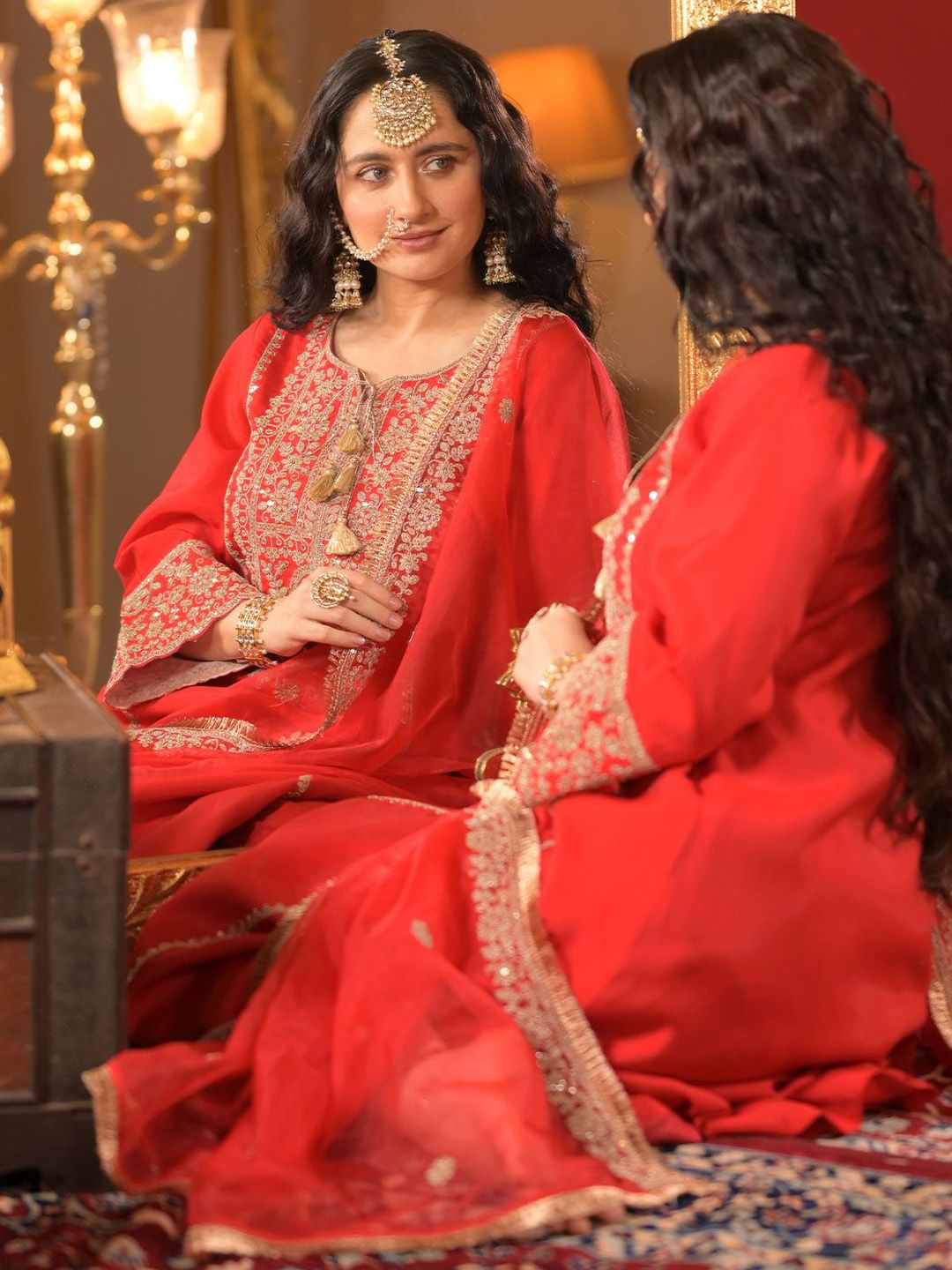 Ethnic Motifs Embroidered Zari A-Line Kurta With Trousers & Dupatta