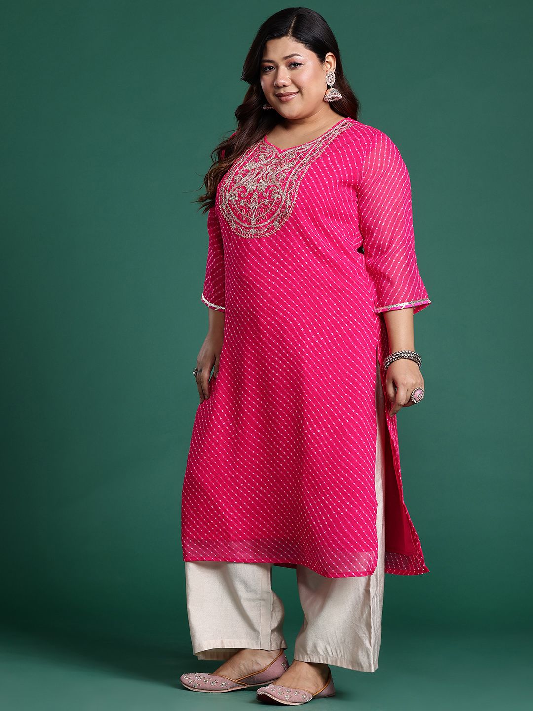 Dhiyona IE Plus Size Ethnic Motifs Embroidered Sequinned Georgette Kurta