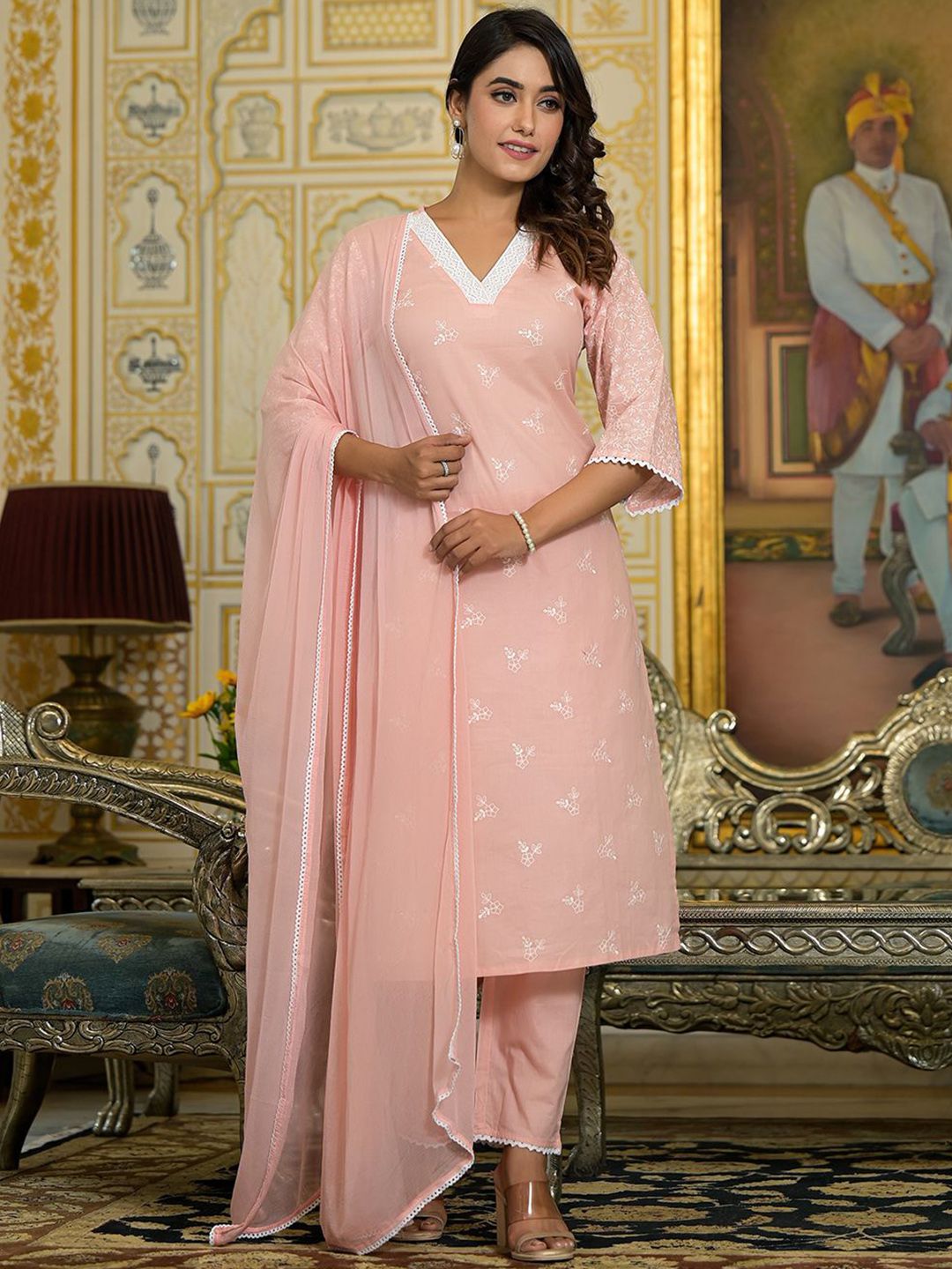 Dhiyona VA Women'sFloral Embroidered Chikankari Straight Kurta With Trousers & Dupatta