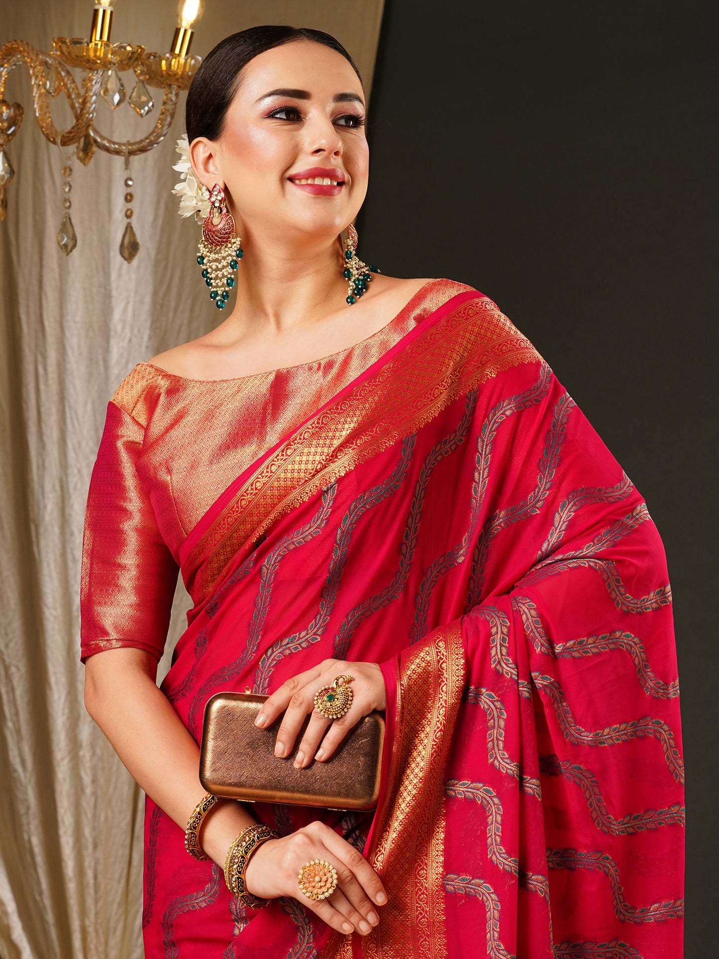 Women's Georgette Pink Woven Design Celebrity Saree With Blouse Piece