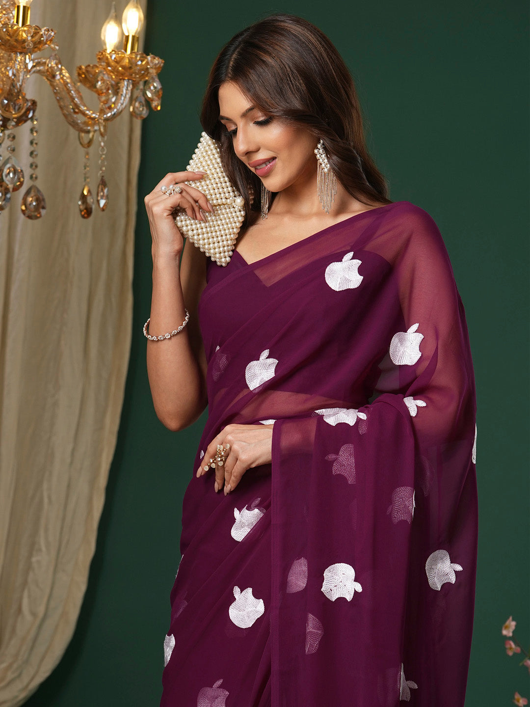 Women's Georgette Magenta Embroidered Designer Saree With Blouse Piece