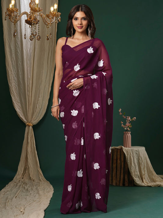 Women's Georgette Magenta Embroidered Designer Saree With Blouse Piece