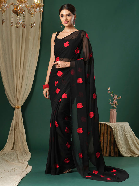 Women's Georgette Black Embroidered Designer Saree With Blouse Piece