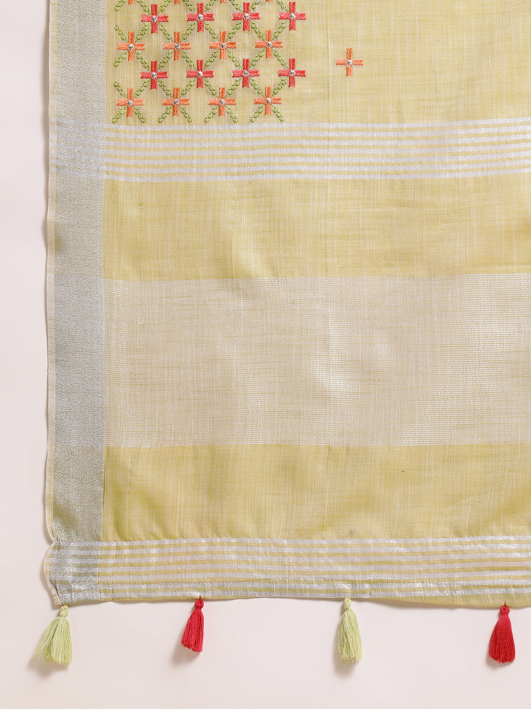 Dhiyona GR Women's CT Pista Green Cotton Linen Silk Embroidered Saree