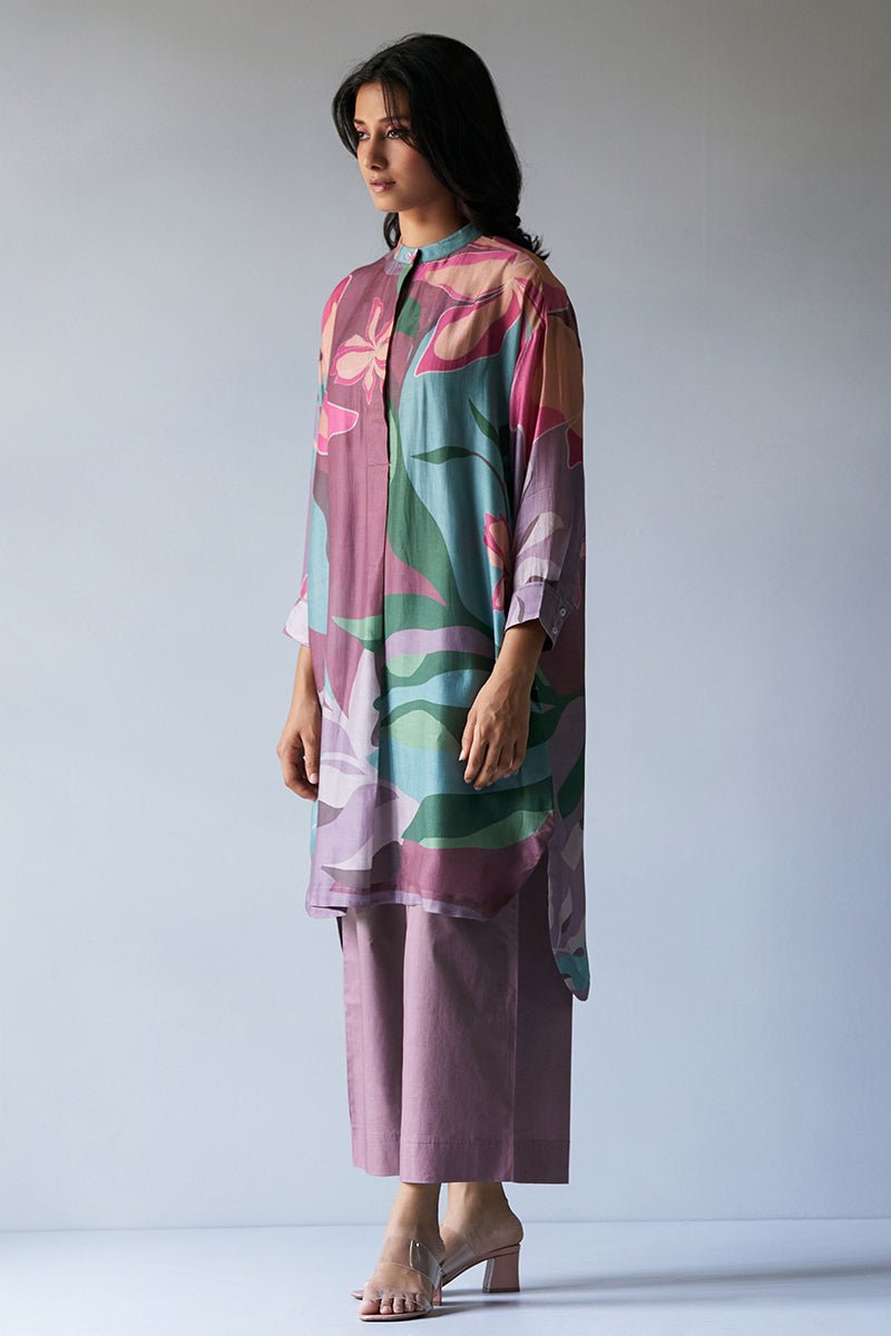 Women's Dusty Lilac and Rose Pink Mix Colored Bemberg Silk Printed Co-ord Set