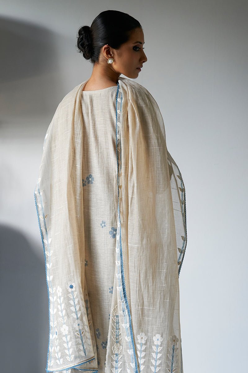 Women's Beige Woven Viscose Chanderi Kurta Suit Set With Delicate Hand Work Detailing