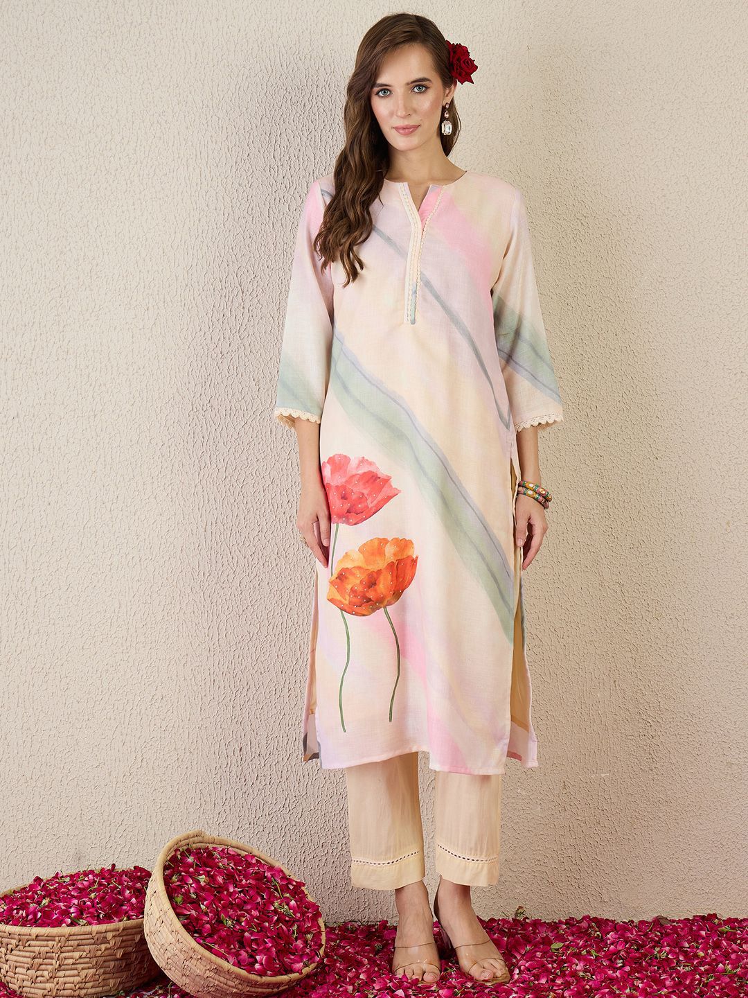 Floral Printed Notch Neck Straight Kurta With Trouser & Dupatta