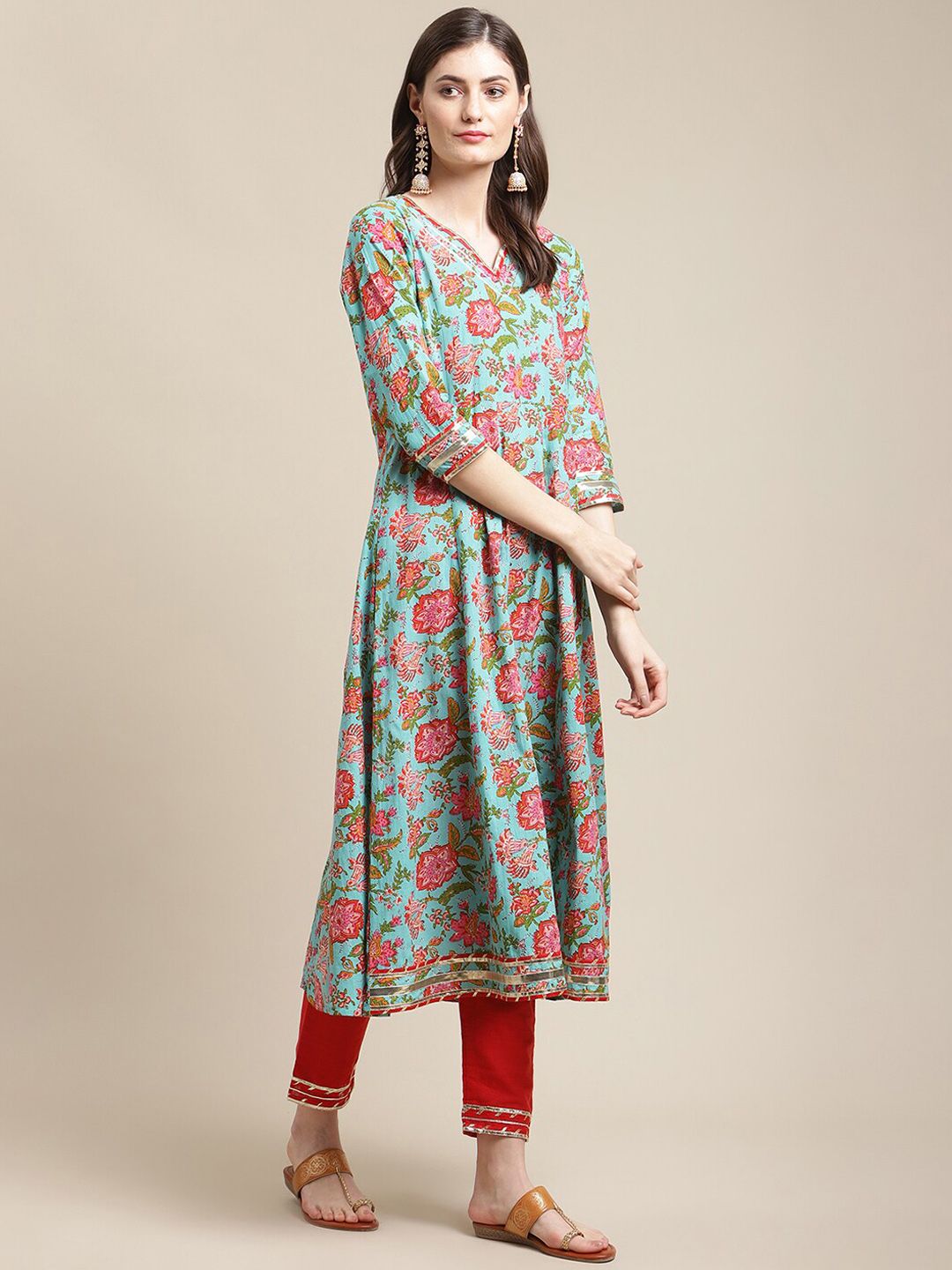 Dhiyona VA Women's Blue Floral Printed Gotta Patti Kurti with Trousers & With Dupatta