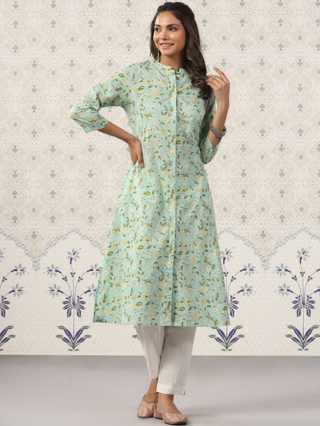 Dhiyona OD Floral Printed Band Collar Pure Cotton Kurta