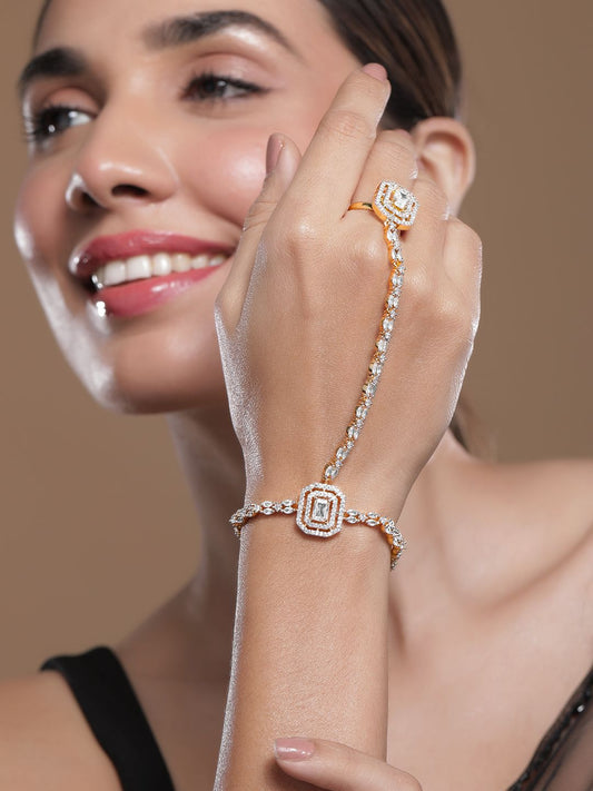 Dhiyona RJ Women's 18KT Gold-Plated Cubic Zirconia Studded Hand Harness Ring Bracelet