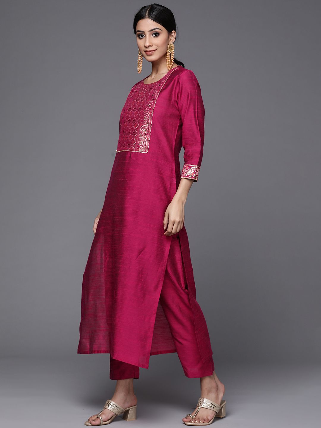 Dhiyona VA Women'sBrocade Yoke with Gota Detail Kurta with Trouser with Bandhani Printed Dupatta