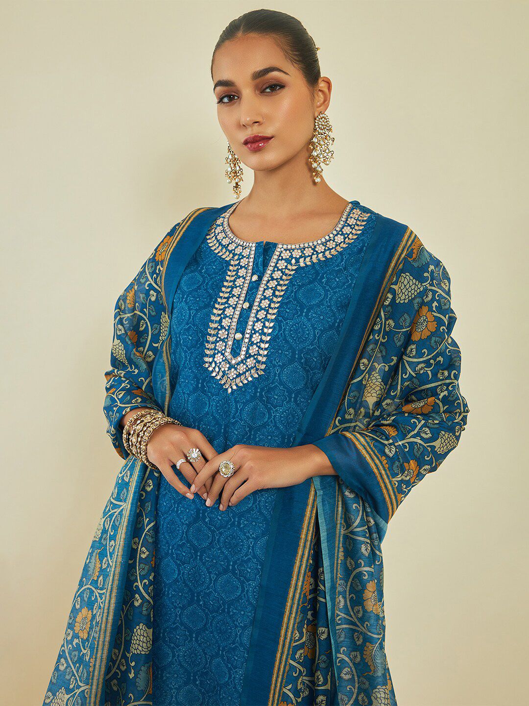 Dhiyona SO Women's Ethnic Motifs Printed Gotta Patti Chanderi Silk Kurta with Trousers & With Dupatta