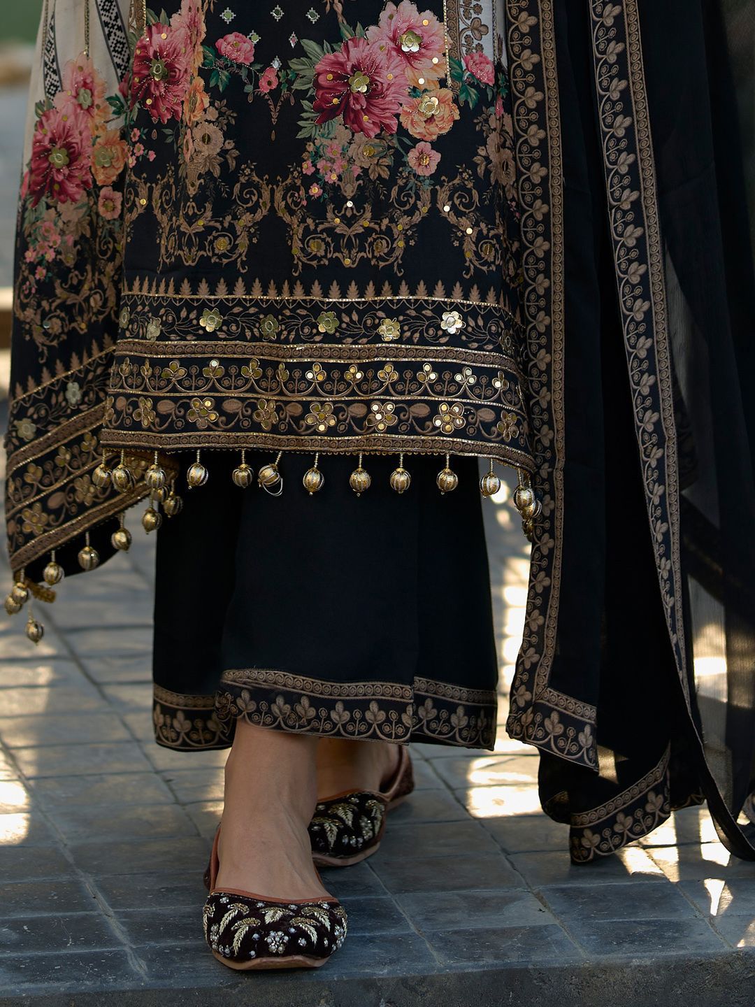 Floral Printed Sweetheart Neck Mirror Work Straight Kurta With Palazzos & Dupatta