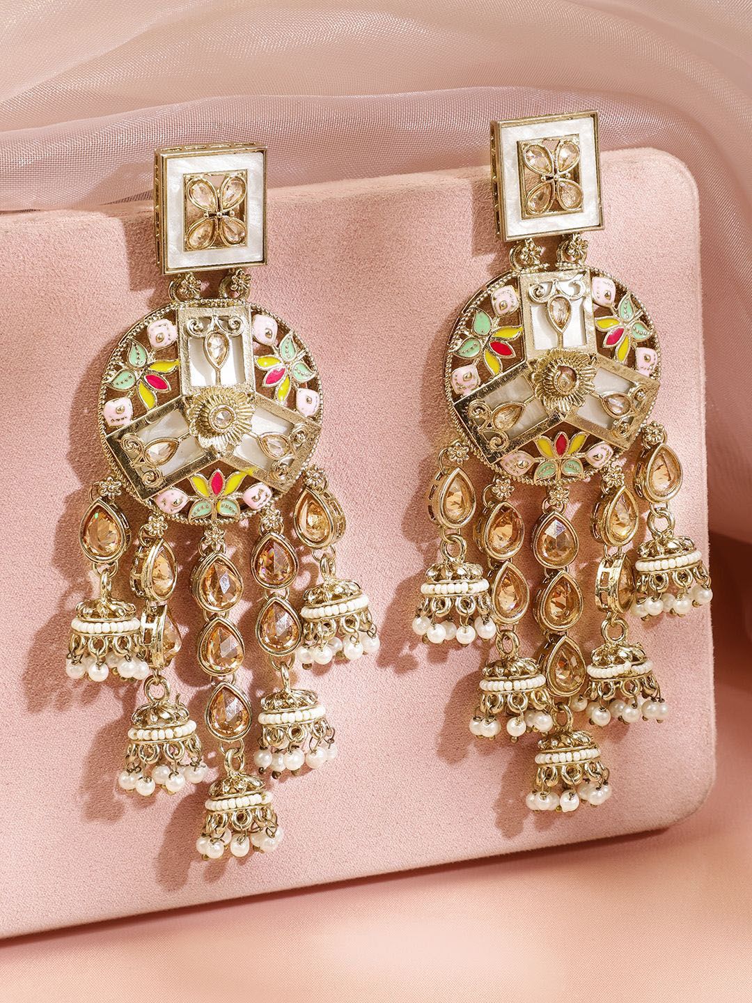 Dhiyona RJ Women's 22K Gold-Plated Multicolour Enamel & Kundan Studded Long Jhumka Dangler Earrings