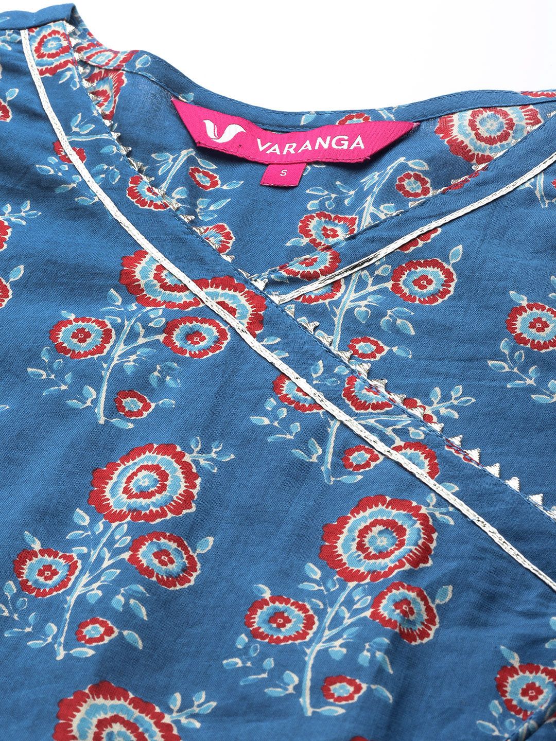 Dhiyona VA Women's Blue Ethnic Motifs Printed Angrakha Gotta Patti Kurta with Trousers & With Dupatta