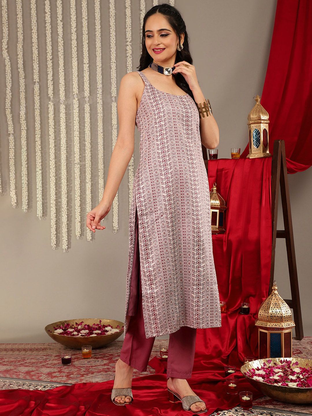 Dhiyona VA Women's Shoulder Straps Woven Printed Straight Kurta & Trouser With Dupatta