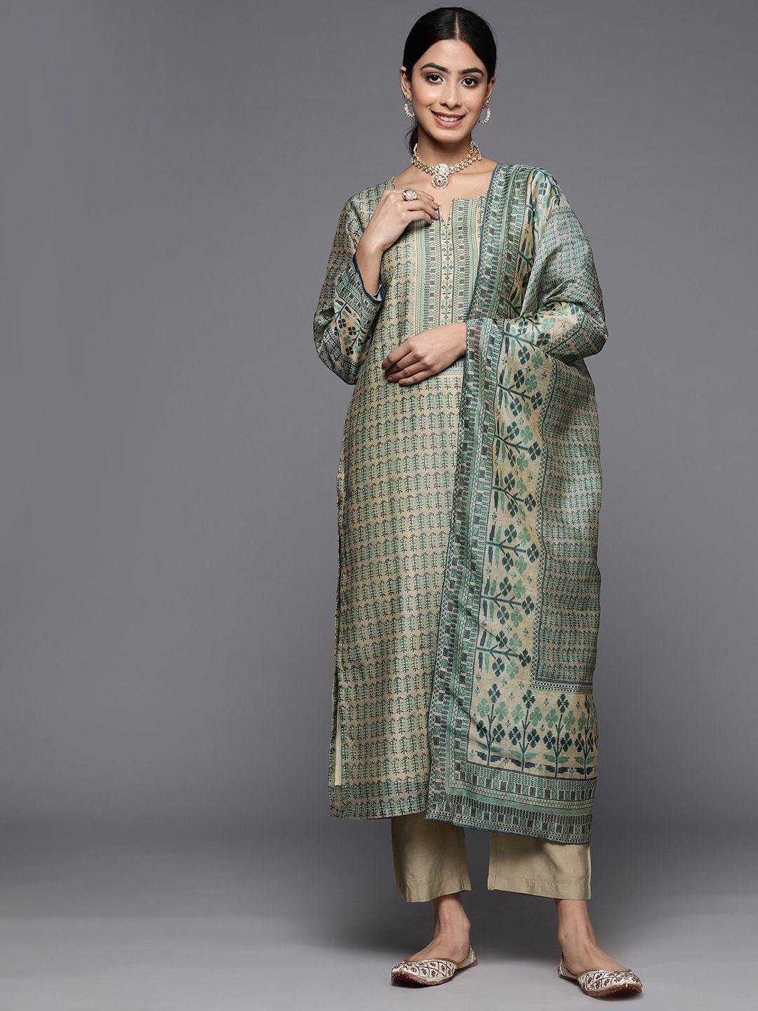 Dhiyona VA Women'sEthnic Motifs Printed Chanderi Silk Kurta With Trousers & With Dupatta