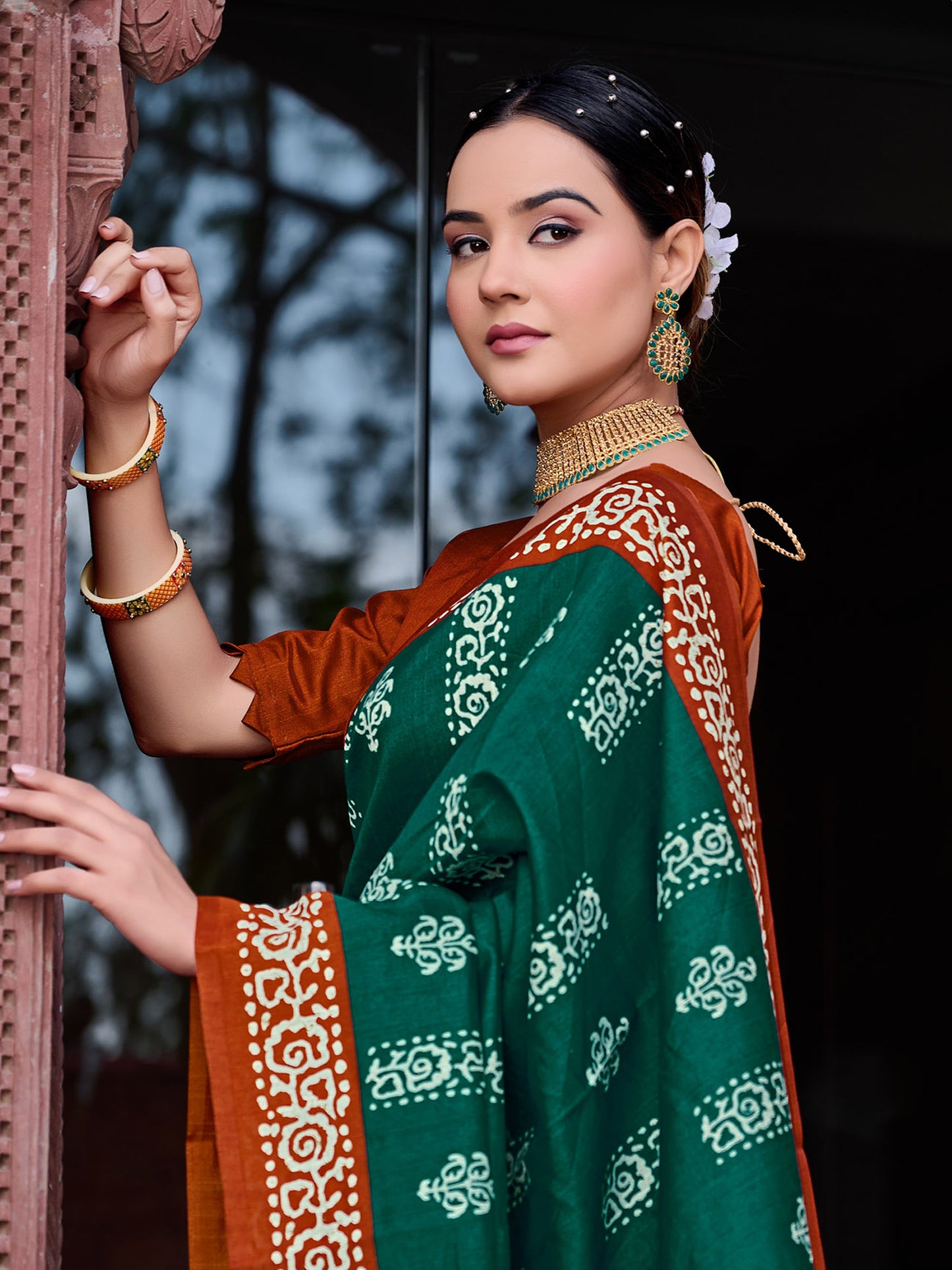 Women's Bhagalpuri Silk Dark Green Printed Designer Saree With Blouse Piece
