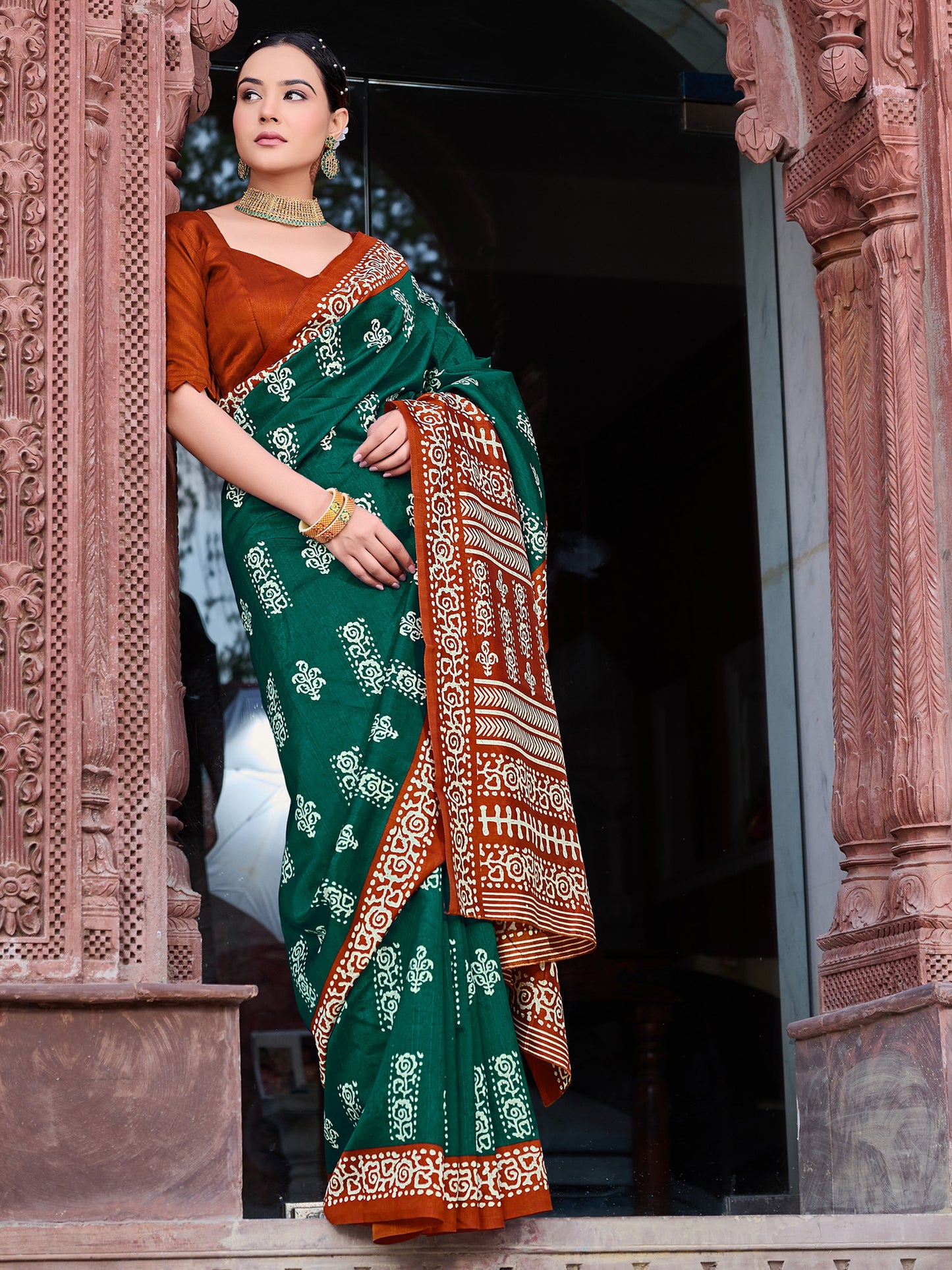 Women's Bhagalpuri Silk Dark Green Printed Designer Saree With Blouse Piece