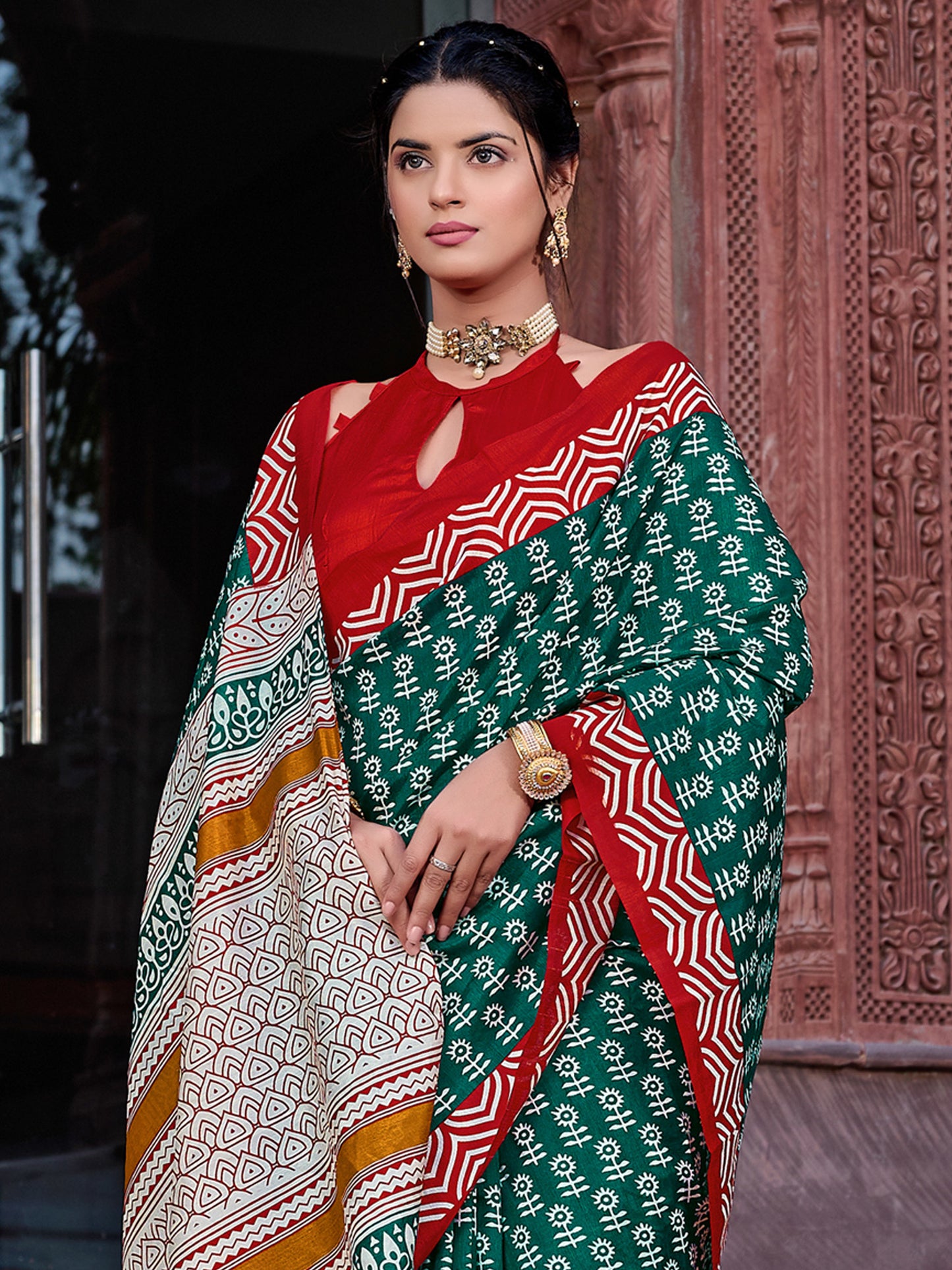 Women's Bhagalpuri Silk Teal green Printed Designer Saree With Blouse Piece