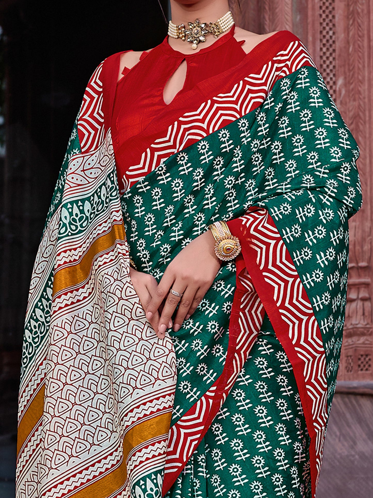 Women's Bhagalpuri Silk Teal green Printed Designer Saree With Blouse Piece