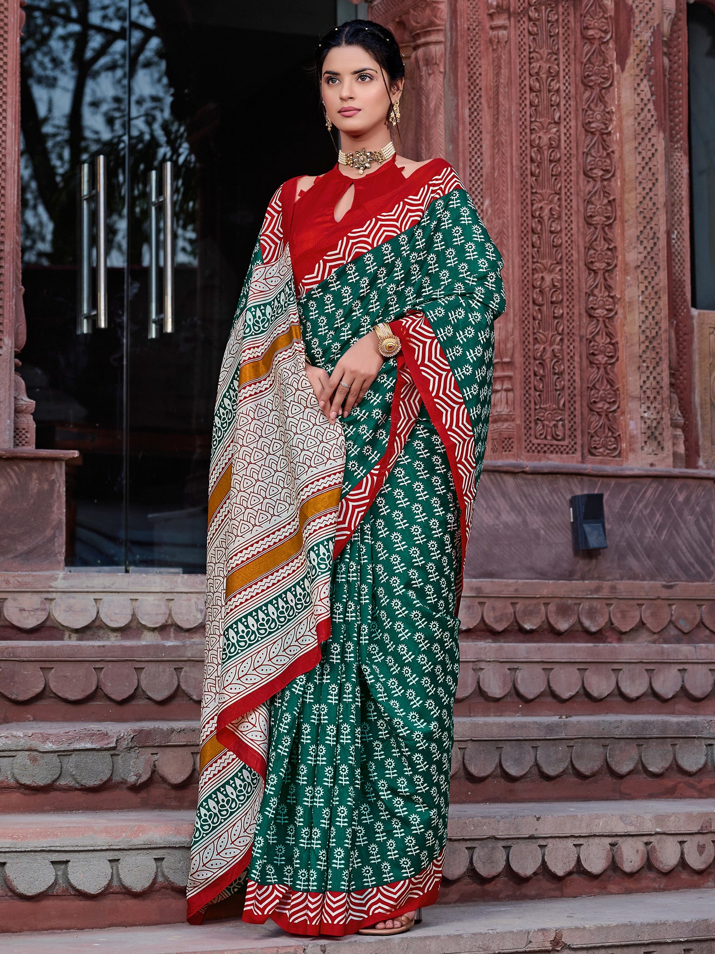 Women's Bhagalpuri Silk Teal green Printed Designer Saree With Blouse Piece