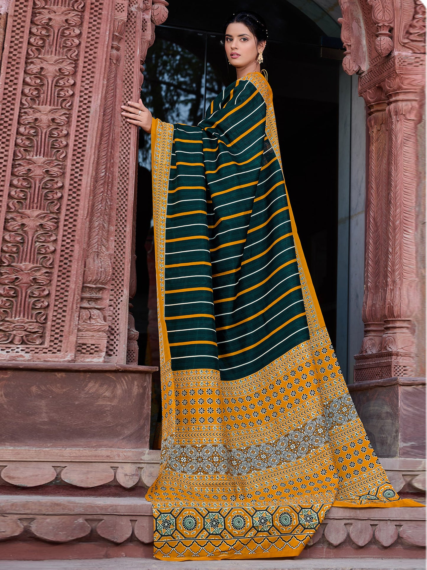 Women's Bhagalpuri Silk Dark Green Printed Designer Saree With Blouse Piece