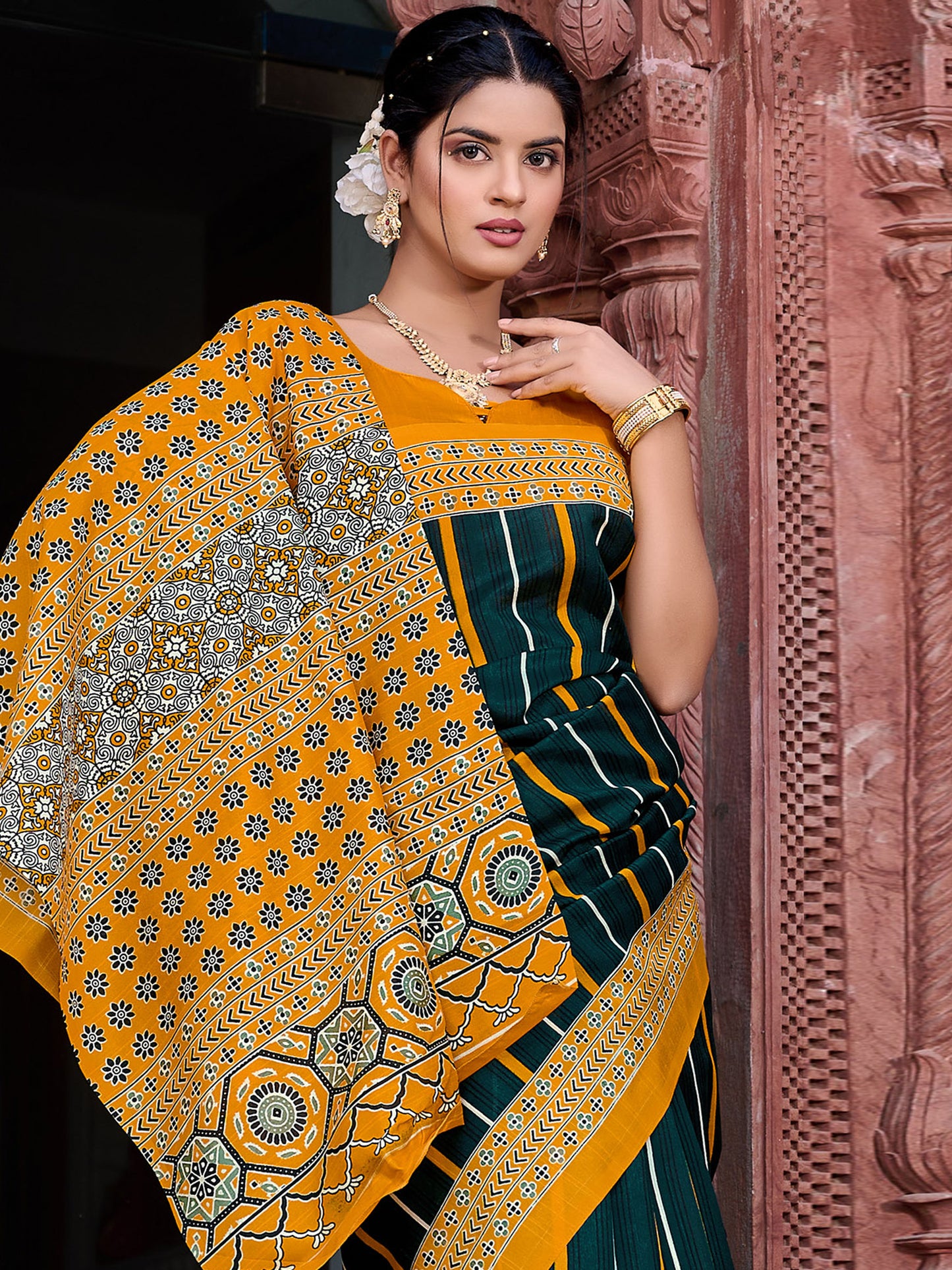 Women's Bhagalpuri Silk Dark Green Printed Designer Saree With Blouse Piece