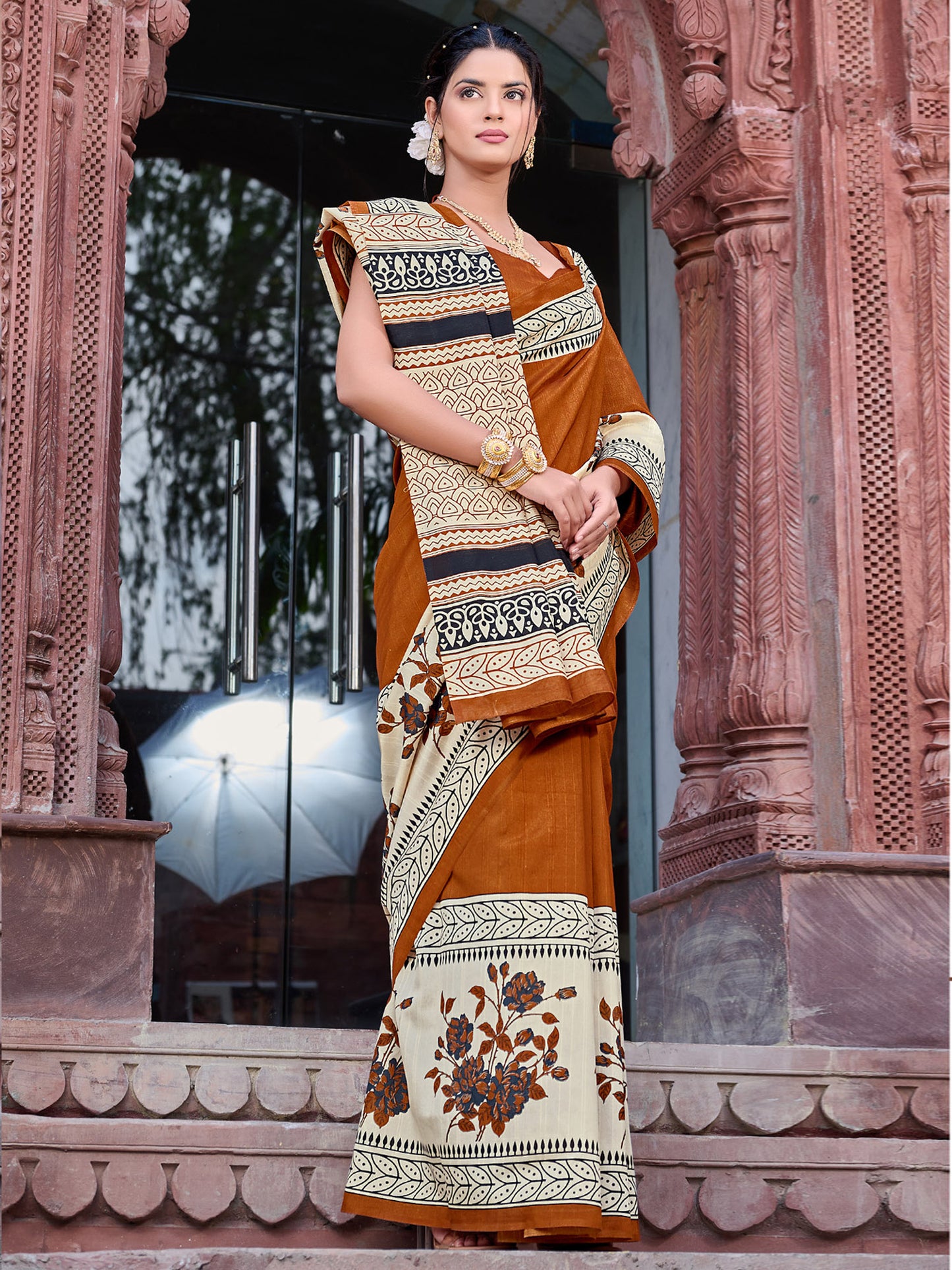 Women's Bhagalpuri Silk Brown Printed Designer Saree With Blouse Piece