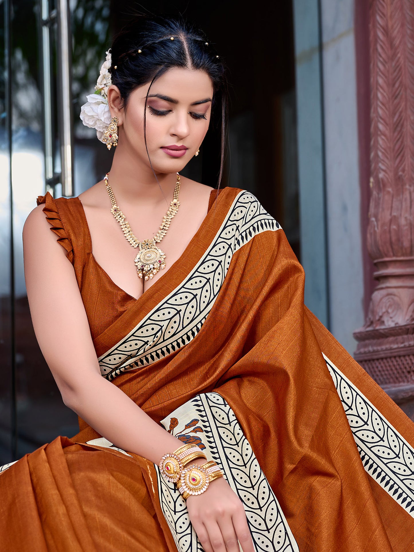 Women's Bhagalpuri Silk Brown Printed Designer Saree With Blouse Piece