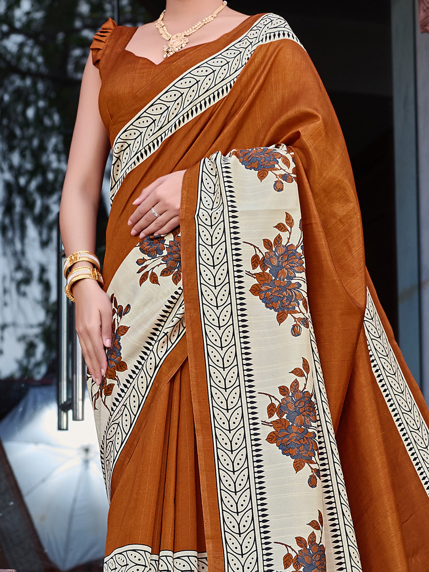 Women's Bhagalpuri Silk Brown Printed Designer Saree With Blouse Piece